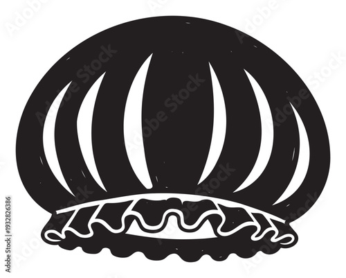 Simple black graphic silhouette of a shower cap featuring a ruffled edge, ideal for product packaging, bathroom accessory branding, or personal hygiene promotional materials.