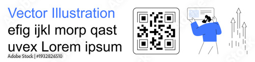 Digital marketing, data access, growth strategy, mobile apps, modern technology, innovation. QR code, person scanning it growth arrows. Digital marketing and data access
