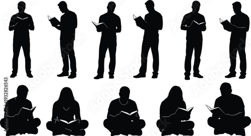 People reading books silhouettes set, men and women standing and sitting study education learning vector isolated background illustration