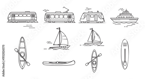 Collection of diverse transportation modes featuring trains, trams, ships, sailboats, kayaks, canoes, and paddleboards, perfect for travel infographics and educational presentations
