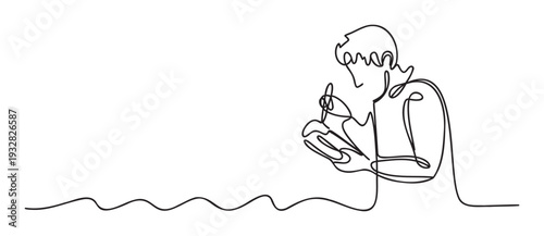 Minimalist continuous line drawing of a person actively writing or sketching in a notebook, perfect for educational materials, creative project headers, or business productivity themes.