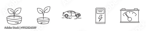 Vector line icons illustrating environmentalism and sustainable living, featuring a potted plant, sprouting seedling, electric car, charging station, and energy meter, valuable for eco