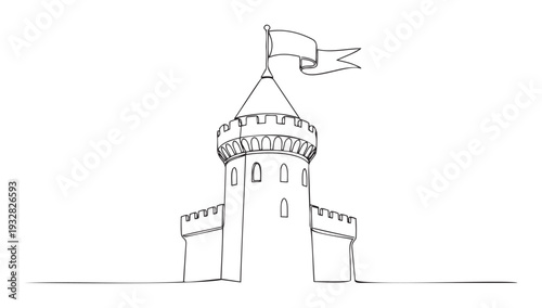 Simple continuous line drawing portraying a classic fortified castle tower with a conical roof and a streaming pennant, useful for historical narratives, youth education materials, or