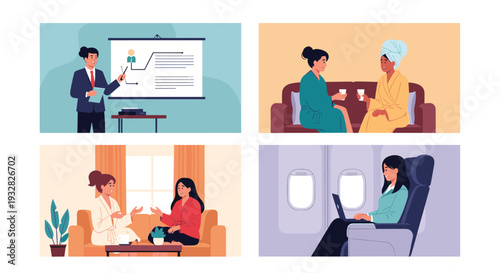 Illustration showing women in different professional and personal settings including a boardroom, a spa, a living room, and on a plane.