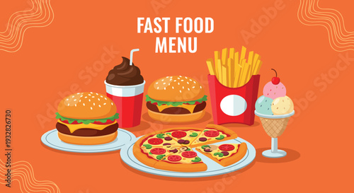 Display of delicious fast food menu items including cheeseburgers, a large pepperoni pizza, french fries, chocolate soda, and ice cream.