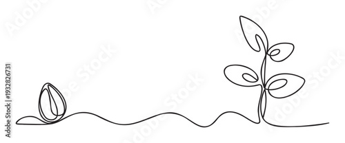 Minimalist continuous line drawing depicting a seed transforming into a vibrant green plant, perfect for illustrating concepts of growth, ecology, and environmental sustainability in