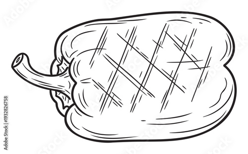 Grilled bell pepper line drawing for healthy cooking blogs, vegetarian restaurant menus, barbecue recipe books, and fresh food advertising graphics.