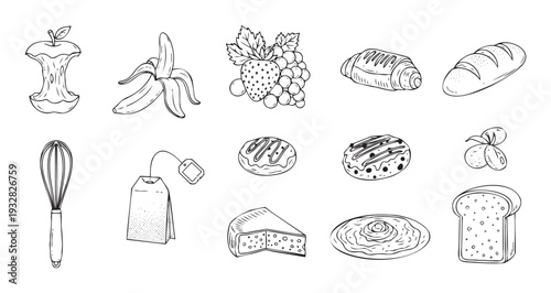 Hand drawn black and white food and kitchen items including fruit, bakery, pastry, cheese, and a whisk, suitable for menu design, cooking blogs, or educational materials