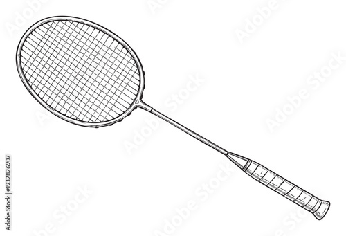A detailed handdrawn badminton racket with intricate stringing and a textured grip offers a versatile visual for sports equipment, athletic themes, and graphic resources