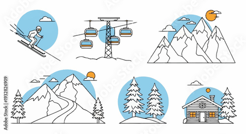 Collection of Winter Sports and Mountain Illustrations.