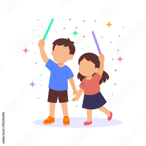 Shiny Sticks, Kids holding bright shiny sticks during playful activity, Flat vector character illustration