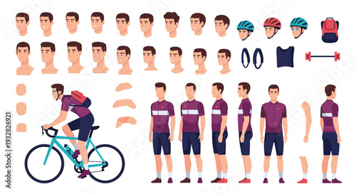 Comprehensive character creation kit for a male cyclist featuring various head angles, helmets, sportswear, body parts, and a bicycle.