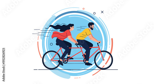 Man and woman riding a red tandem bicycle together with a blue circular speed effect background representing partnership and teamwork.