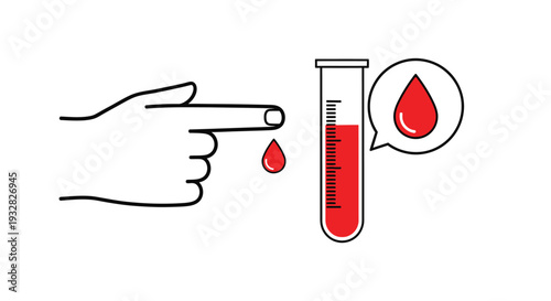 Simple line art vector illustration showing a finger prick sample collection for blood testing or glucose monitoring procedure