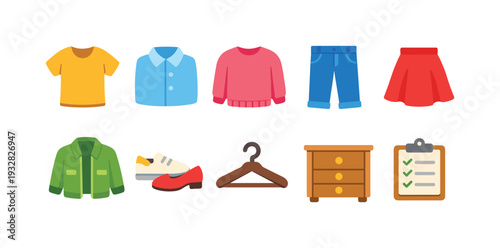 Clothing and wardrobe flat icon set. Fashion, apparel, and closet icons collection