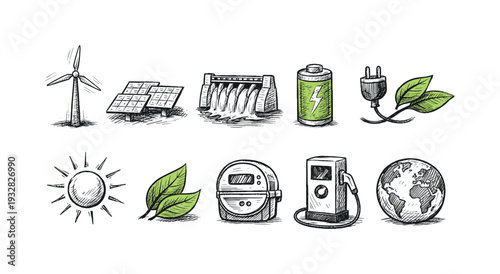 Renewable energy, sustainability linear icon set. Eco-friendly, green power icons collection