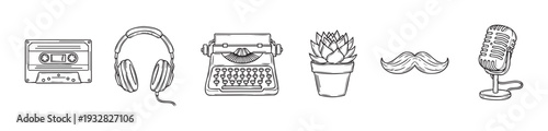 Collection of hand drawn line art icons featuring vintage audio cassette headphones typewriter succulent mustache and microphone perfect for music podcast or writing blog web graphic