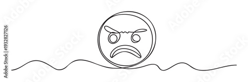 A single continuous line draws an angry emoji face with furrowed brows and a downturned mouth, ideal for conveying strong negative emotions in graphic assets and user interfaces.