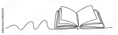 Minimalist continuous line drawing depicting an open book with wavy lines symbolizing knowledge flow and storytelling, perfect for educational materials, literary themes, or creative design.