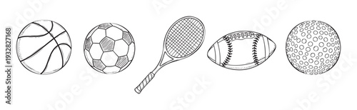 Collection of hand drawn sketch style sports equipment including basketball soccer ball tennis racket American football and golf ball perfect for athletic themed graphic resources and