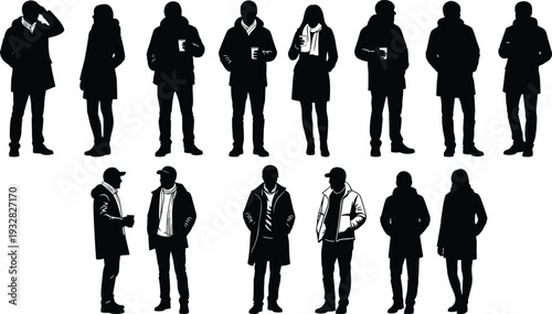 People silhouette collection, winter clothing casual men women standing with coffee cups vector illustration isolated on white background