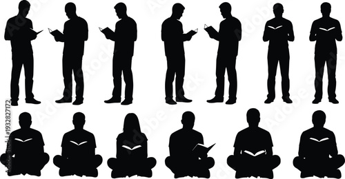 Reading people silhouettes set, men and women studying books sitting and standing education learning vector illustration isolated background