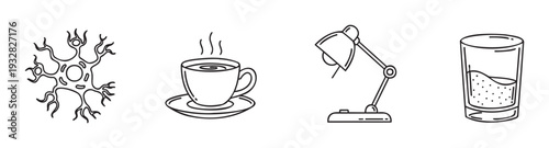 A versatile collection of linear icons featuring a neuron cell, a hot coffee cup, a flexible desk lamp, and a refreshing drink glass, perfect for educational, work, and lifestyle themed