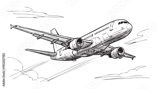 Detailed black and white sketch of a passenger airplane soaring through the sky with clouds and speed lines, ideal for travel agency promotions or aviation industry publications