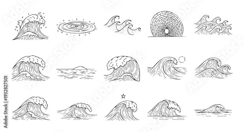 Ocean waves and water ripples depicted in various hand drawn styles perfect for surf culture projects maritime themes or environmental campaigns