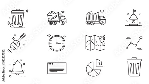 Modern business and technology line icons for smart waste management, data analysis, time, navigation, and tasks, ideal for web and mobile applications