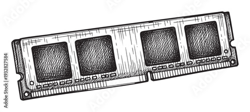 Detailed handdrawn sketch of a RAM module, essential computer memory hardware for seamless digital operations, perfect for illustrating technical guides and enhancing presentations on