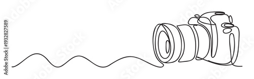 Minimalist continuous line drawing depicting a modern digital camera with a prominent lens, perfect for photography themed projects, technology blogs, and visual communication materials