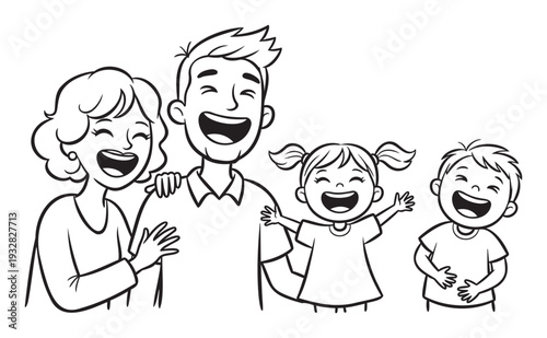 Happy family of four parents and two children laughing together in a cheerful moment suitable for parenting resources and childhood education materials
