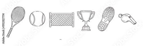 Collection of hand drawn tennis equipment and sports accessories for athletic event promotions, competitive game visuals, and recreational activity advertising materials