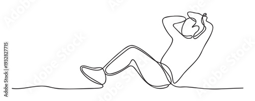 Dynamic continuous line drawing of an individual performing a sit up exercise, ideal for sports marketing materials, fitness club promotions, or wellness blog graphics.