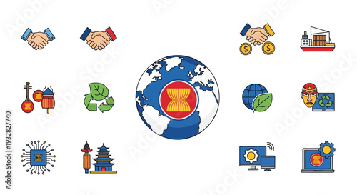 ASEAN Community Icons: Global Business, Technology, Culture, and Sustainability Concepts