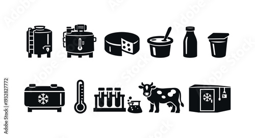 Dairy industry silhouette icon set. Milk production and processing symbols