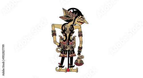 Traditional Indonesian Wayang Kulit Shadow Puppet with Intricate Details on White Background