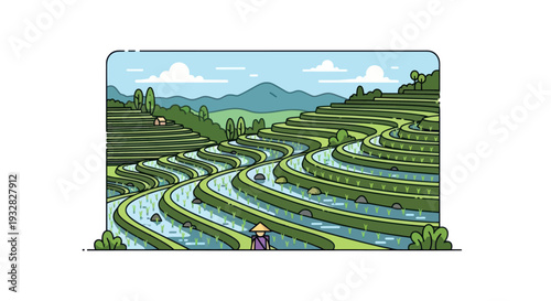 Pixel Art Rice Terraces Landscape with Farmer, Lush Green Fields, Mountains and Sky