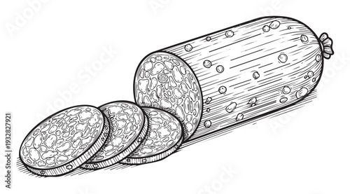 Sliced salami sausage displaying various meat pieces ready for culinary preparation, food packaging, or grocery store promotions.