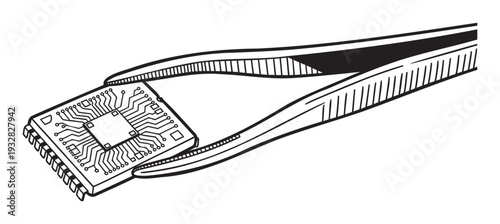 Precision tweezers carefully hold an electronic microchip, revealing intricate integrated circuitry and connection pins, representing advanced technology assembly and electronic device