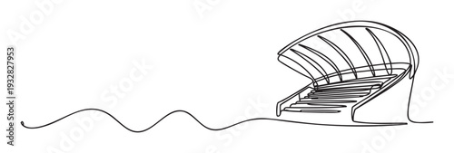 Modern stadium grandstand depicted in a minimalist continuous line drawing style, ideal for architectural design concepts, urban planning visuals, and event venue promotion.