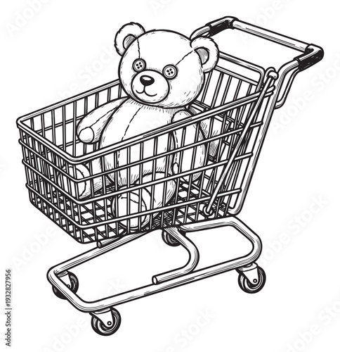 A whimsical black and white sketch featuring a beloved teddy bear seated inside a supermarket trolley, ideal for toy store marketing or familyoriented content.