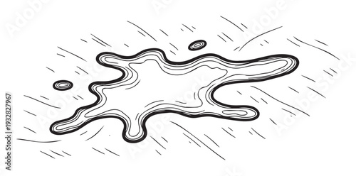 Hand drawn black ink liquid splash doodle with dynamic motion lines creating a messy wet effect, suitable for playful graphic backgrounds and comic book style visual accents.