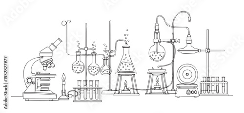 Intricate chemistry laboratory equipment arrangement with diverse scientific apparatus, ideal for outlining educational content or enhancing sciencethemed presentations