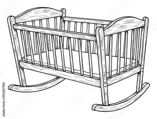 Detailed black and white line drawing of a classic wooden rocking baby crib ready for nursery room decor or child care related publications