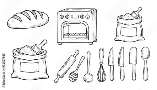 Essential bakery and kitchen items for food preparation, featuring fresh bread, an oven, flour sacks, and various baking tools in a classic handdrawn style for culinary projects.