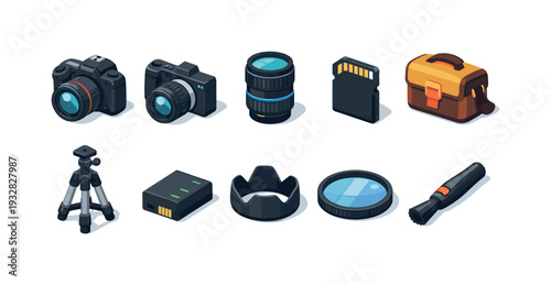 Photography equipment 3d icon set. Cameras, lenses, tripod collection for creatives
