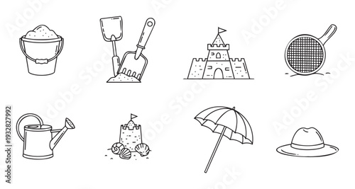 Summer beach vacation items and sand playing equipment sandcastle, bucket, shovel, sifter, watering can, beach umbrella, sun hat, ideal for travel, holiday, and seasonal activity promotions