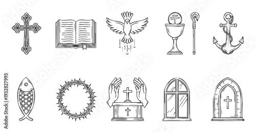 Compilation of diverse Christian religious symbols and sacred elements, including faith icons and church related imagery, suitable for spiritual, educational, and worship materials.